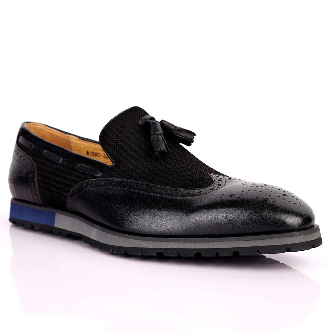 Berlut Brogue And Tassel Designed Black Leather Shoe