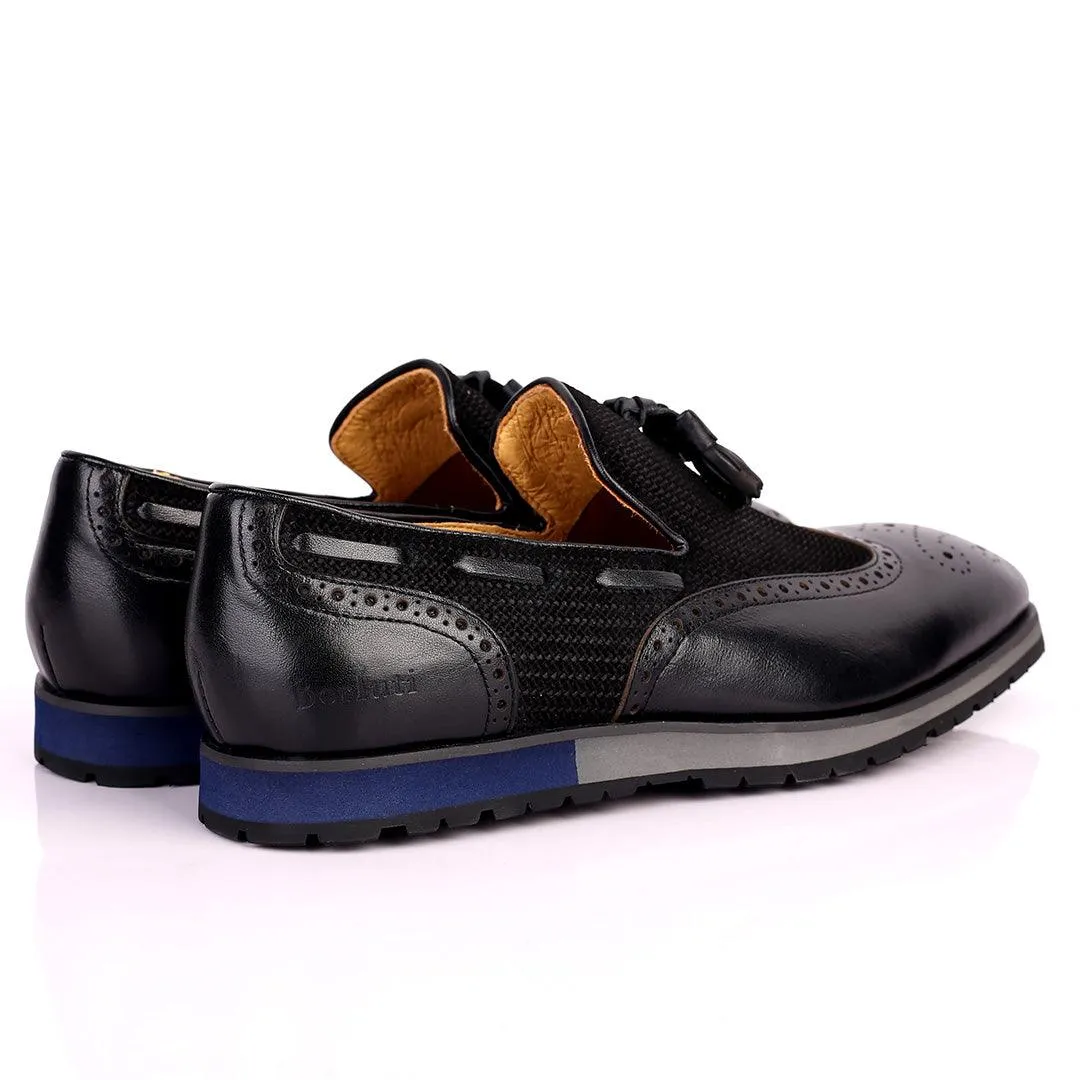 Berlut Brogue And Tassel Designed Black Leather Shoe