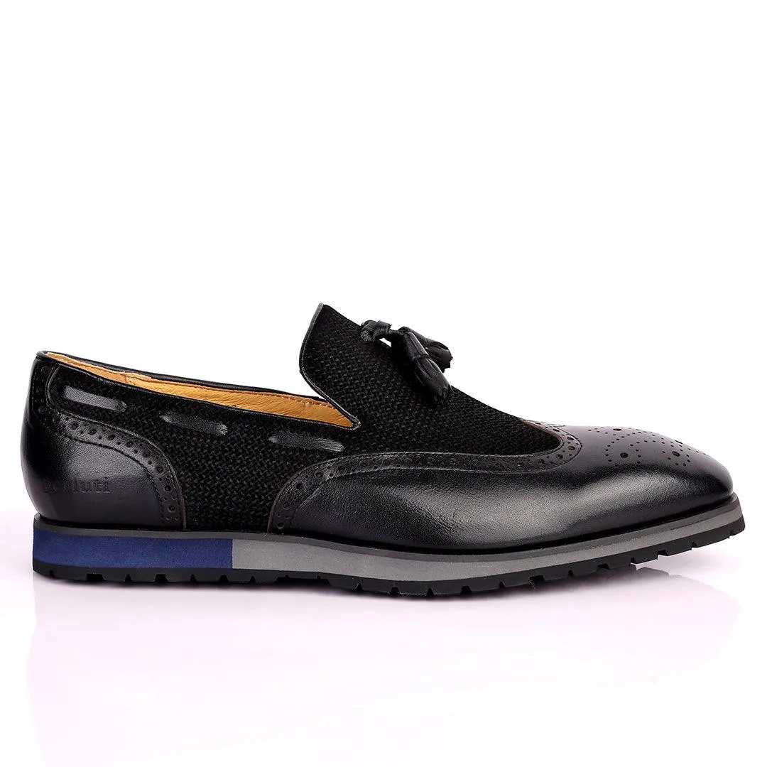 Berlut Brogue And Tassel Designed Black Leather Shoe