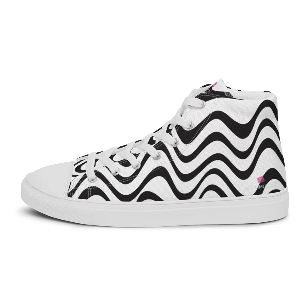 Black White Waves Men's Sneakers, Waves Abstract High Top Premium Tennis Shoes For Men