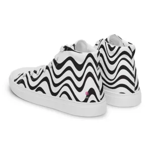 Black White Waves Men's Sneakers, Waves Abstract High Top Premium Tennis Shoes For Men