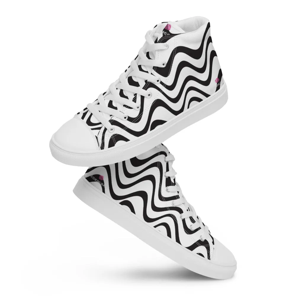 Black White Waves Men's Sneakers, Waves Abstract High Top Premium Tennis Shoes For Men