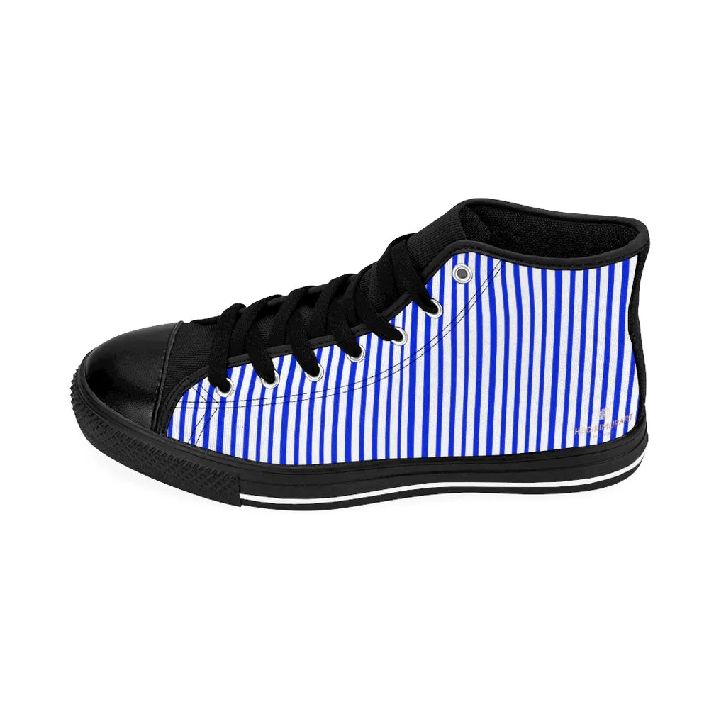 Blue Striped Men's High-top Sneakers, Modern Stripes Men's Designer Tennis Running Shoes (US Size: 6-14)