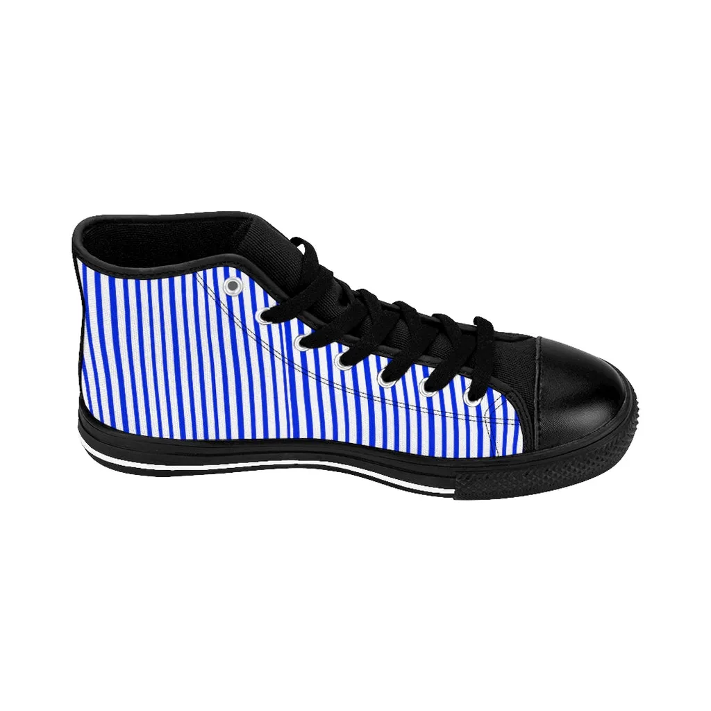 Blue Striped Men's High-top Sneakers, Modern Stripes Men's Designer Tennis Running Shoes (US Size: 6-14)