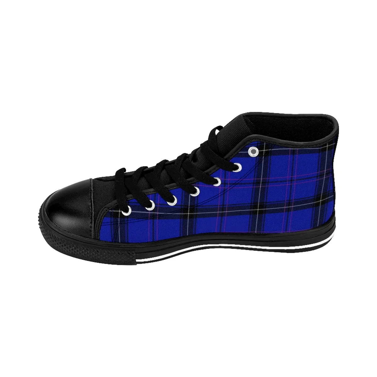 Blue Tartan Men's High Tops, Scottish Plaid Printed Best High-top Fashion Sneakers Shoes