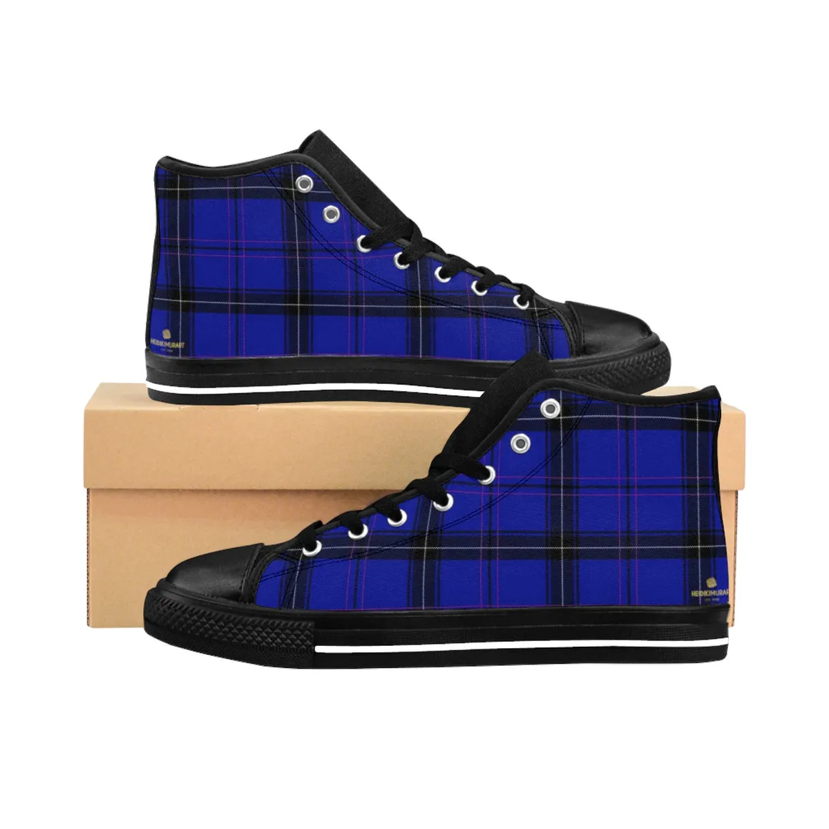 Blue Tartan Men's High Tops, Scottish Plaid Printed Best High-top Fashion Sneakers Shoes