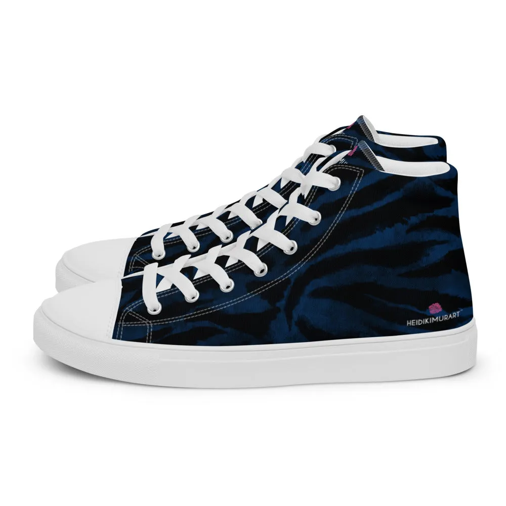 Blue Tiger Striped Women's Sneakers, Animal Print Designer Tiger Stripes High Top Tennis Shoes