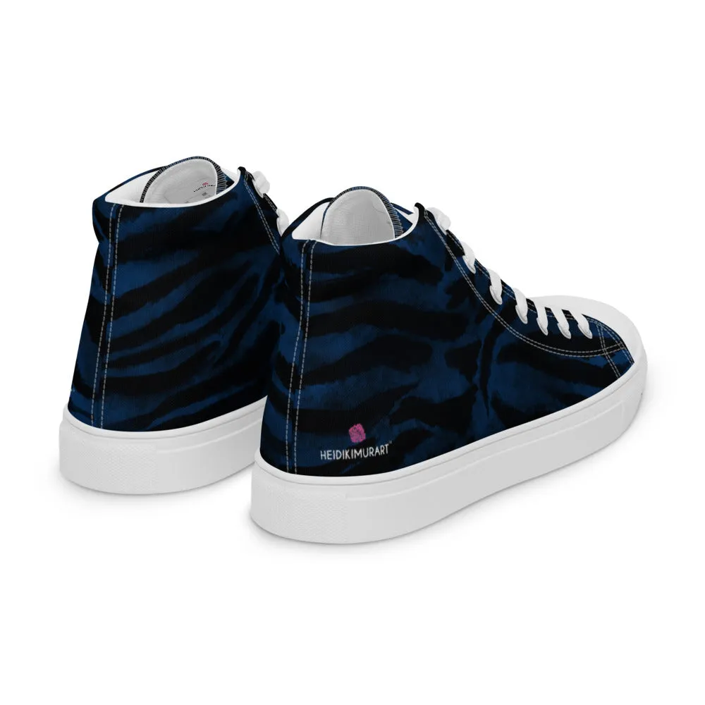 Blue Tiger Striped Women's Sneakers, Animal Print Designer Tiger Stripes High Top Tennis Shoes