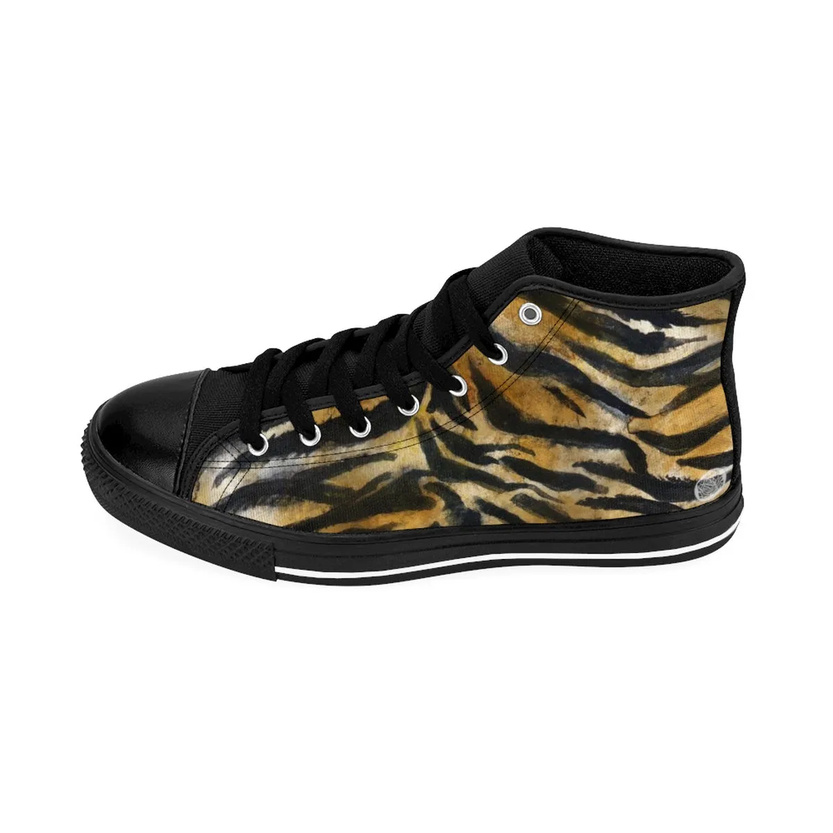 Brown Tiger Striped Men's Sneakers, Best Wild Fierce Tiger Striped Animal Print Pattern Designer Men's High Top Sneakers Shoes