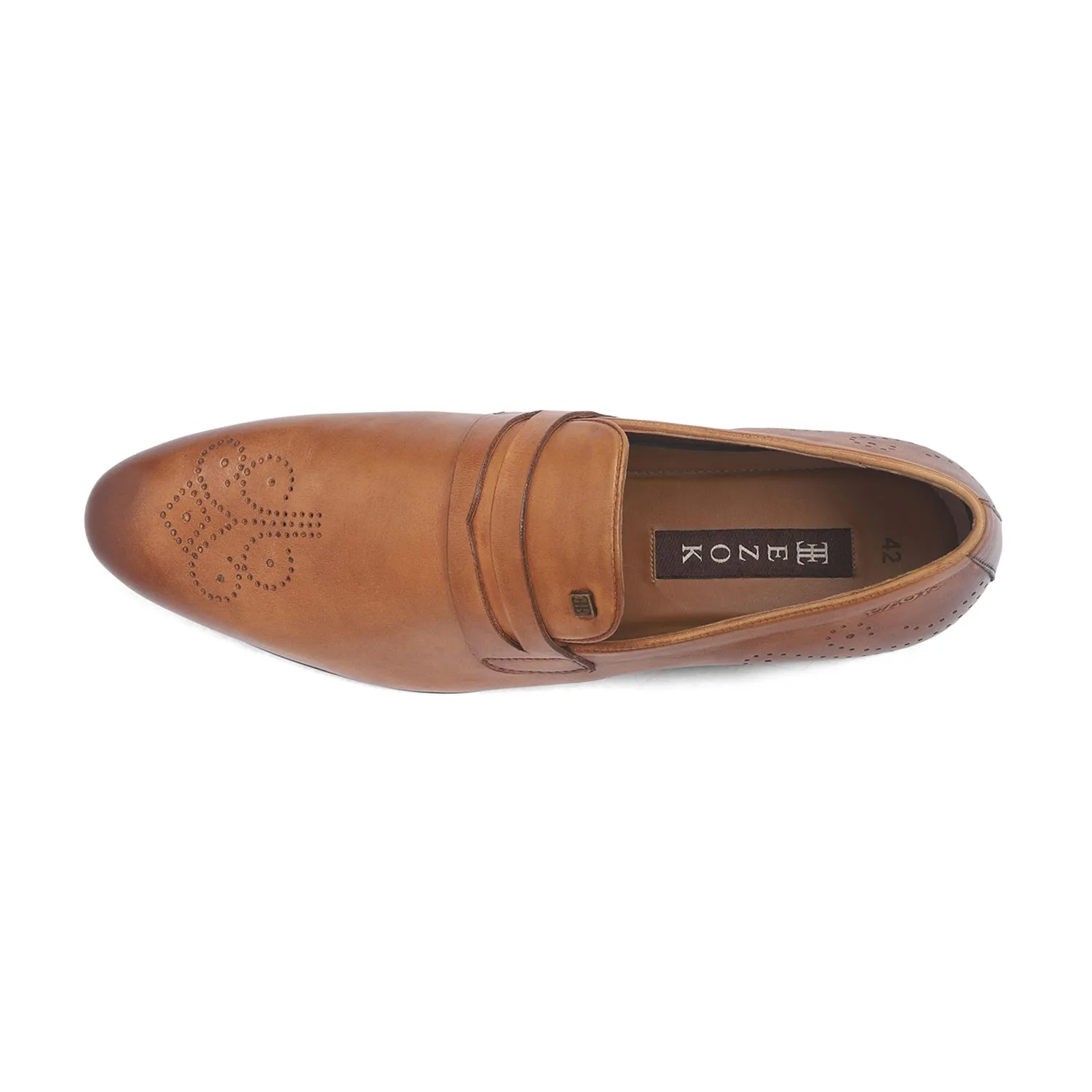 Ezok Men Tan Slip-On Formal Penny Loafers With Perforated Toe Shoes