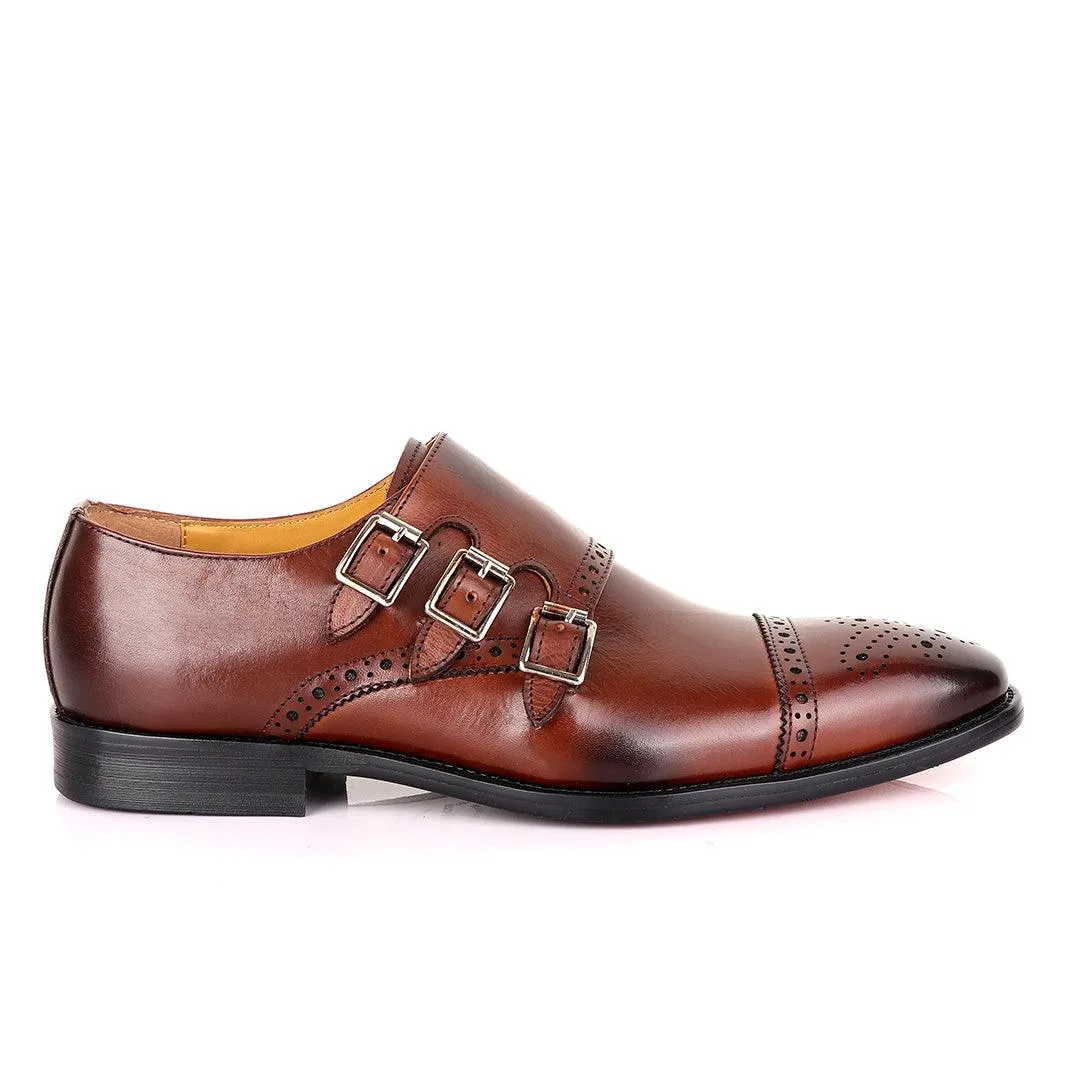 John Mendson 3 Buckle Strap Brown Leather Loafers