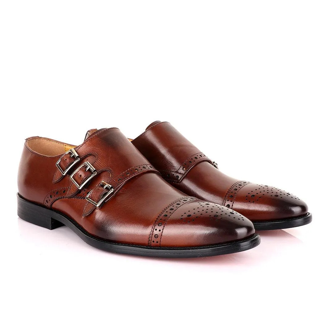 John Mendson 3 Buckle Strap Brown Leather Loafers