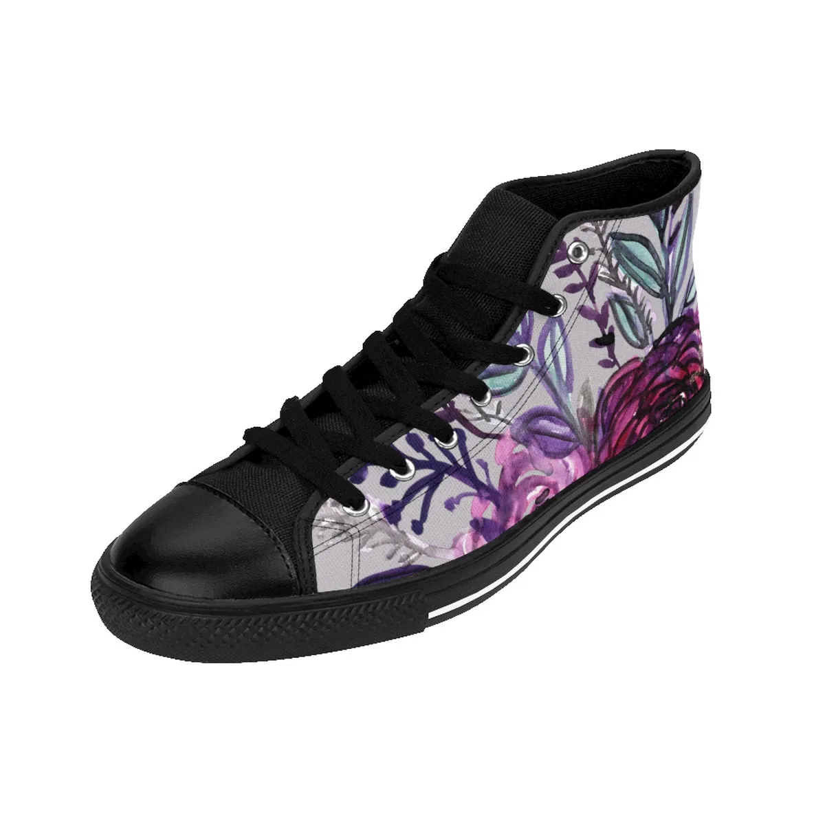 Light Gray Floral High Tops, Purple Rose Floral Print Men's High-top Sneakers Tennis Shoes