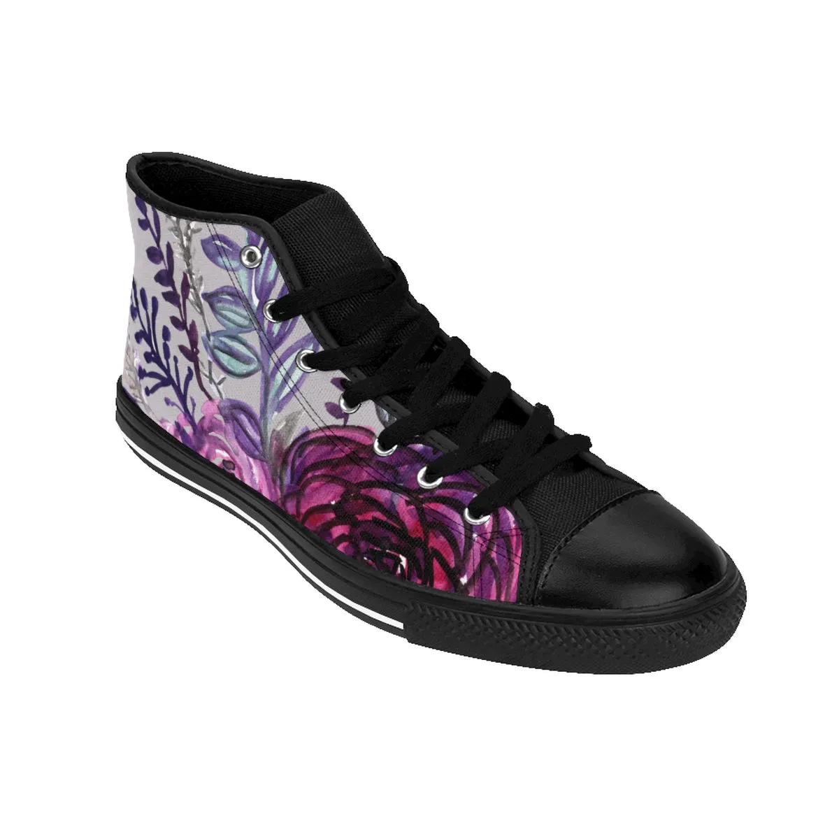 Light Gray Floral High Tops, Purple Rose Floral Print Men's High-top Sneakers Tennis Shoes