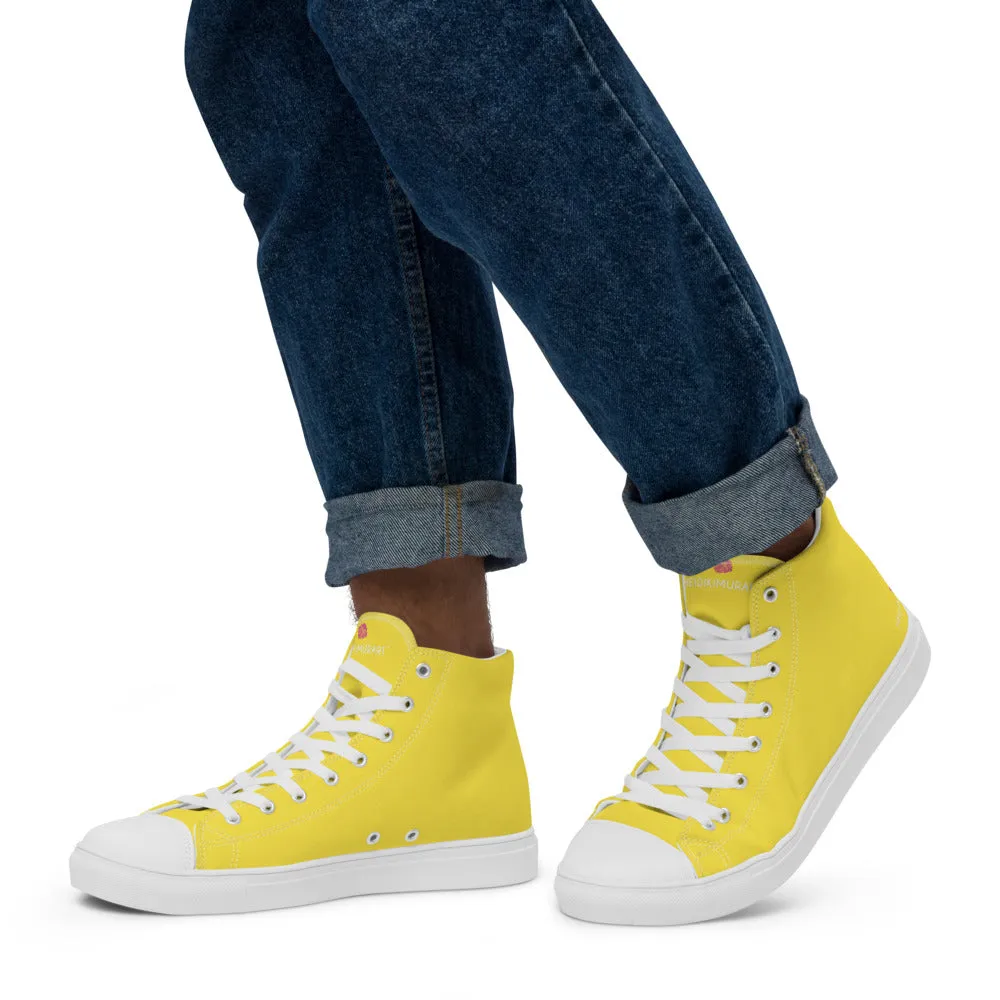 Men's Yellow  High Top Sneakers, Solid Lemon Yellow Color Men’s High Top Canvas Fashion Running Tennis Shoes