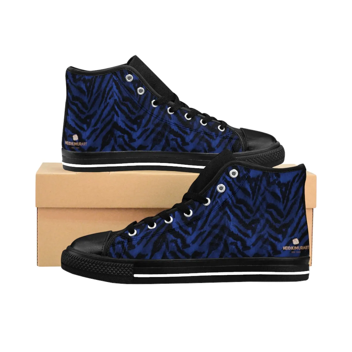 Navy Blue Tiger Stripe Shoes, Best Men's Sneakers, Animal Print Premium Quality High-Top Fashion Shoes