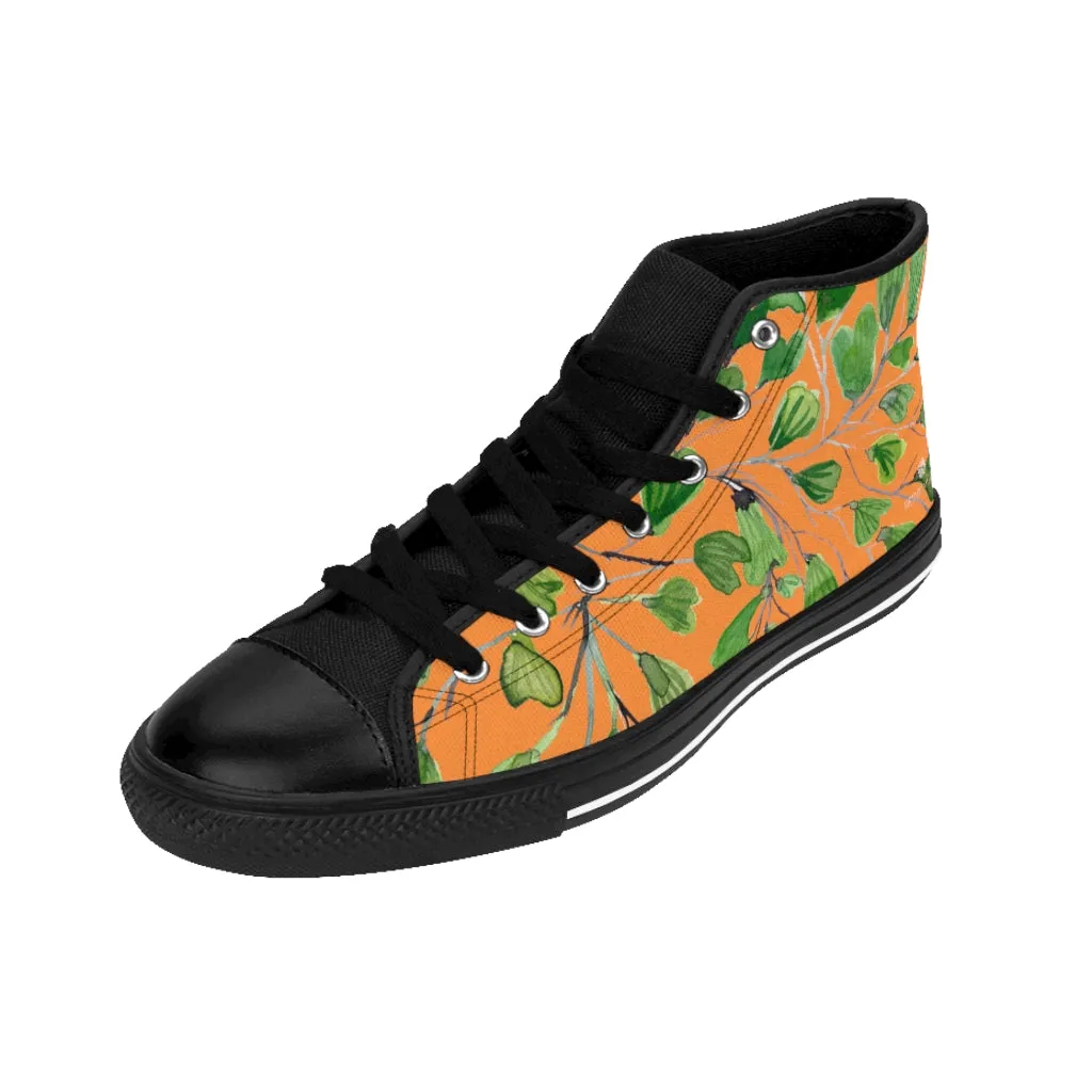 Orange Green Maidenhair Men's Tennis Shoes, Tropical Print Designer Best High-top Sneakers For Men