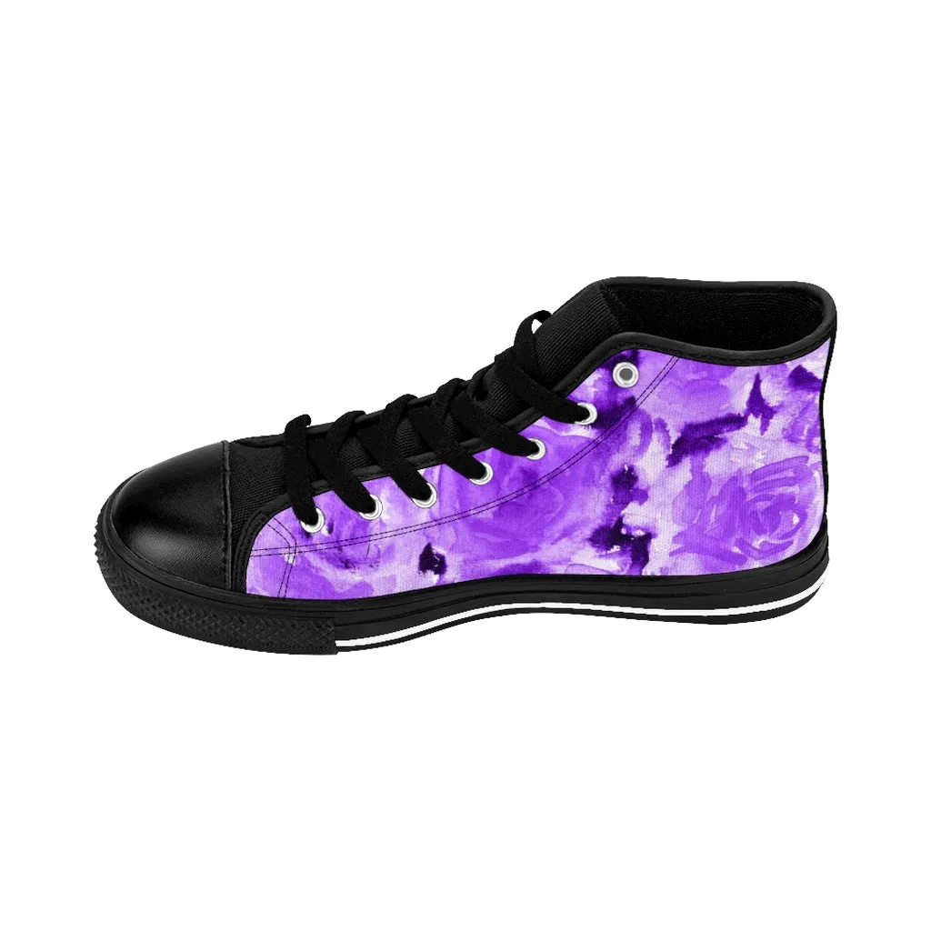 Purple Floral Men's High-top Sneakers, Abstract Print Men's Designer Tennis Running Shoes