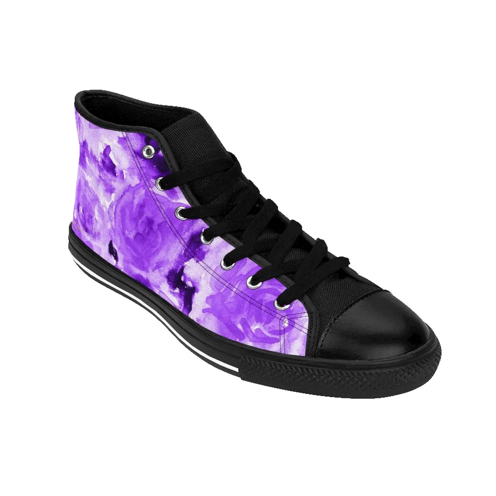 Purple Floral Men's High-top Sneakers, Abstract Print Men's Designer Tennis Running Shoes