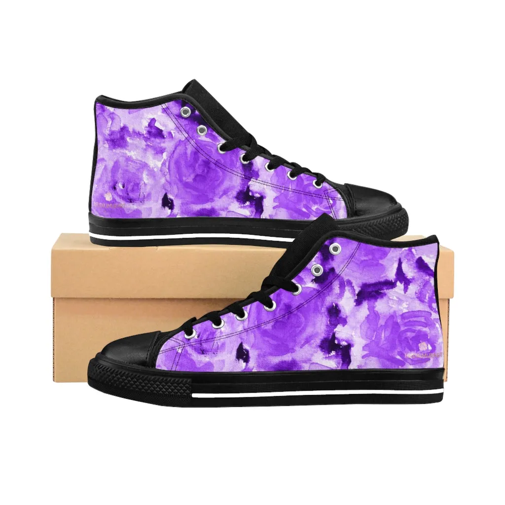 Purple Floral Men's High-top Sneakers, Abstract Print Men's Designer Tennis Running Shoes