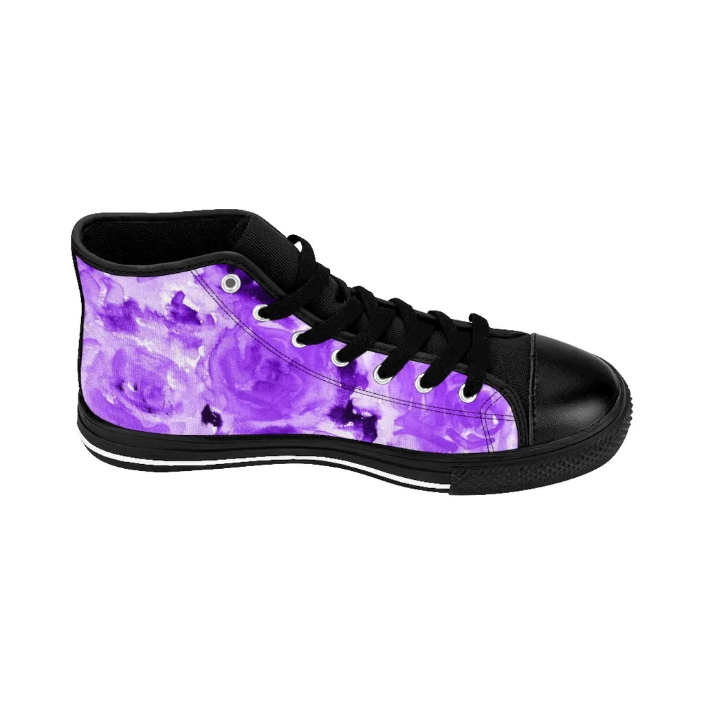 Purple Floral Men's High-top Sneakers, Abstract Print Men's Designer Tennis Running Shoes