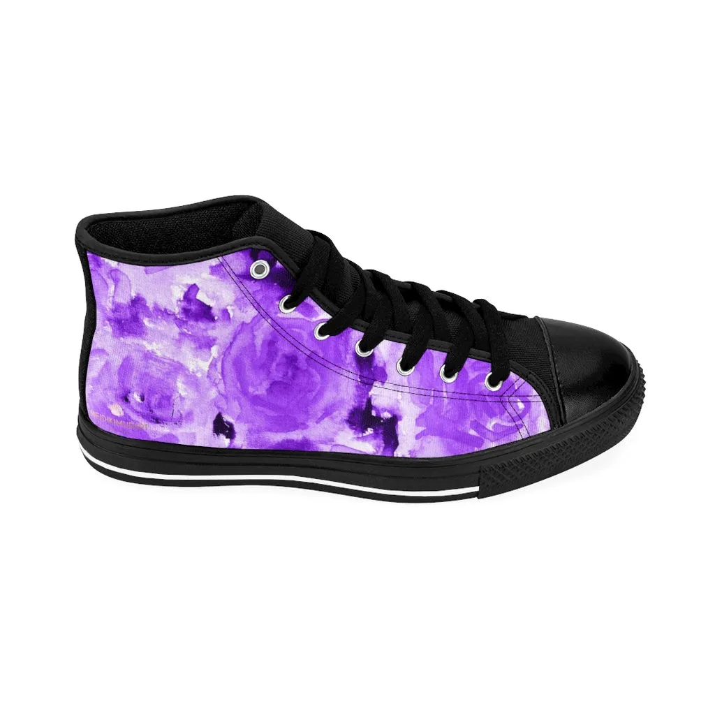 Purple Floral Men's High-top Sneakers, Abstract Print Men's Designer Tennis Running Shoes