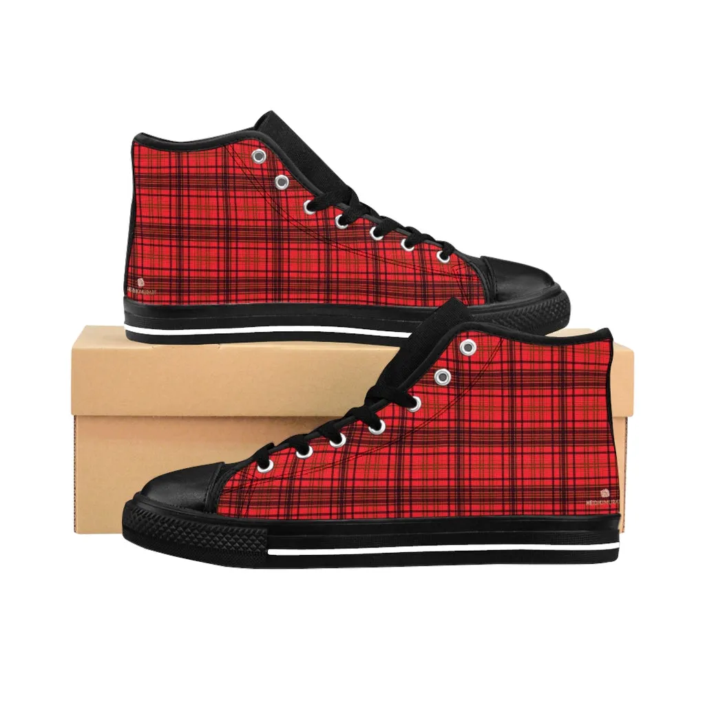 Red Plaid Women's Sneakers, Classic Tartan Print Designer High-top Sneakers Tennis Shoes