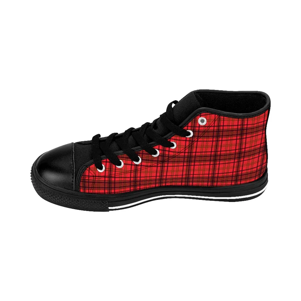 Red Plaid Women's Sneakers, Classic Tartan Print Designer High-top Sneakers Tennis Shoes