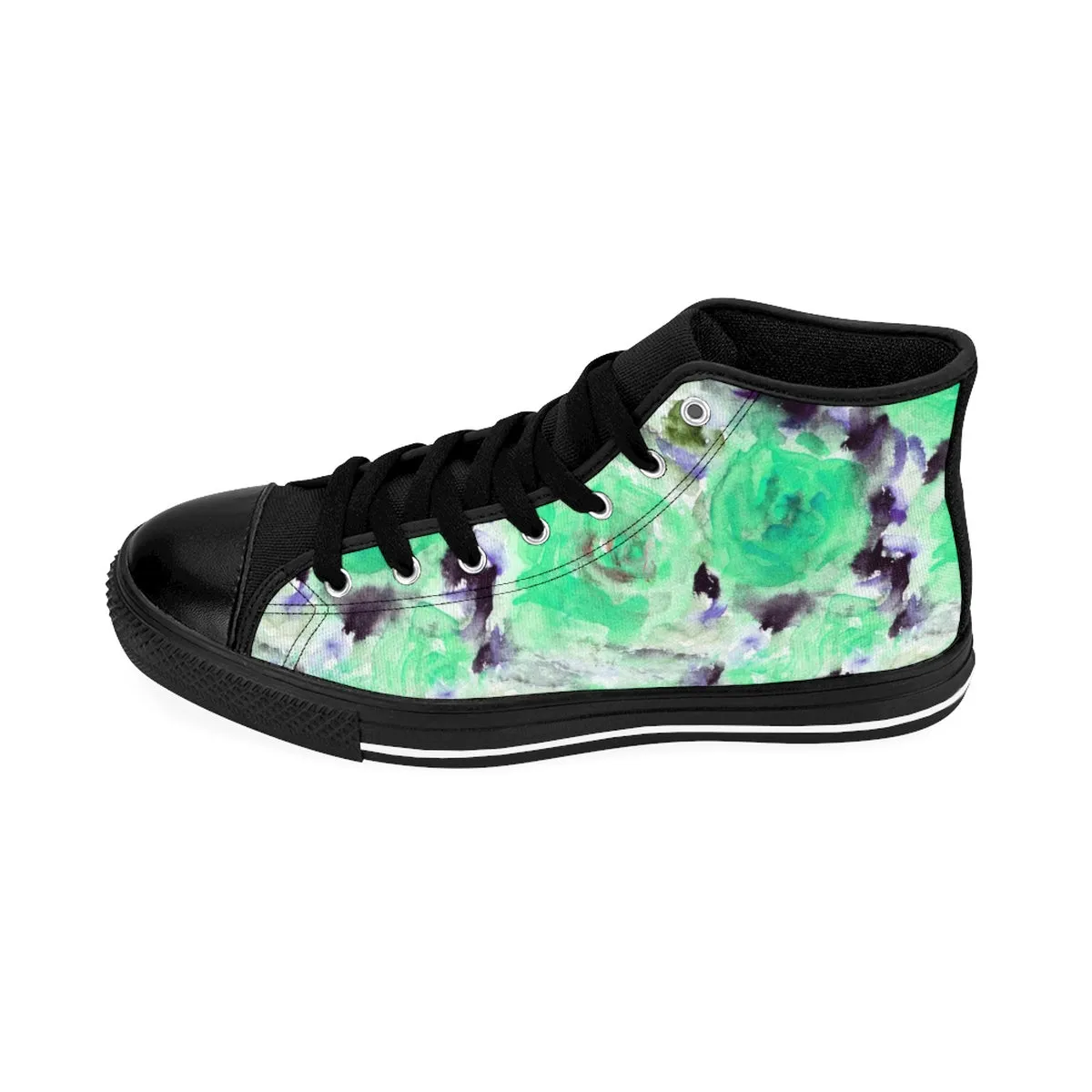 Turquoise Rose Floral Sneakers, Blue Rose Print Designer Women's High Top Sneakers