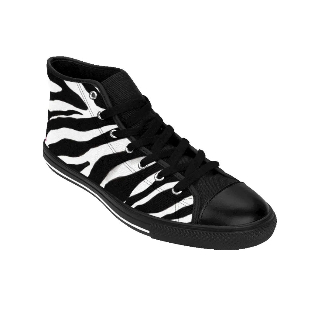 White Zebra Men's High Tops, Zebra Striped Animal Print Men's Classic Sneakers Running Fashion Canvas Shoes