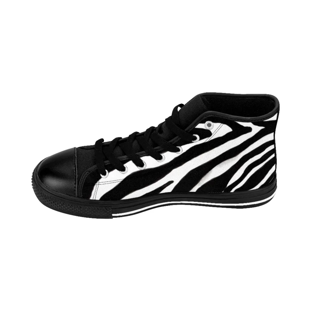 White Zebra Men's High Tops, Zebra Striped Animal Print Men's Classic Sneakers Running Fashion Canvas Shoes