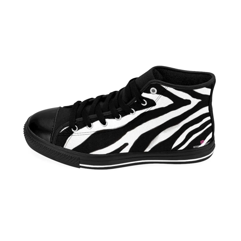 White Zebra Men's High Tops, Zebra Striped Animal Print Men's Classic Sneakers Running Fashion Canvas Shoes