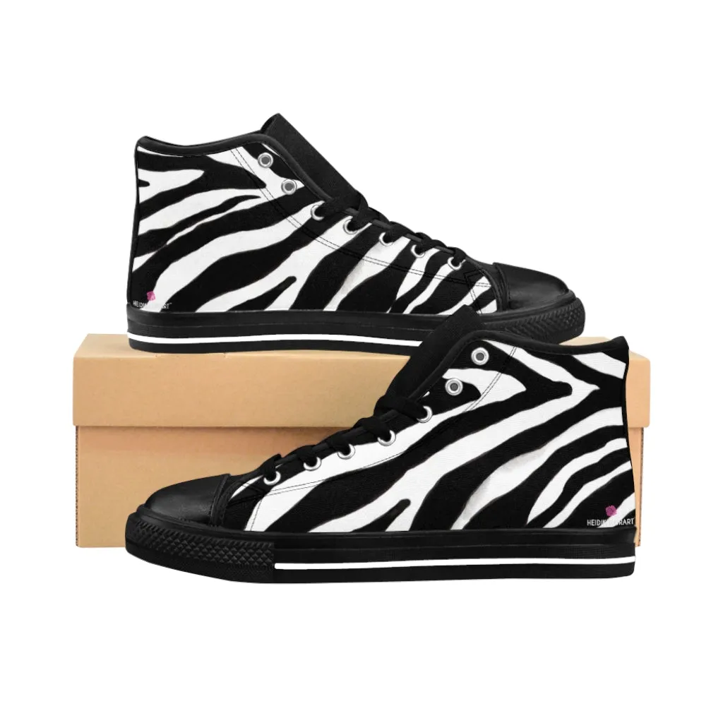 White Zebra Men's High Tops, Zebra Striped Animal Print Men's Classic Sneakers Running Fashion Canvas Shoes